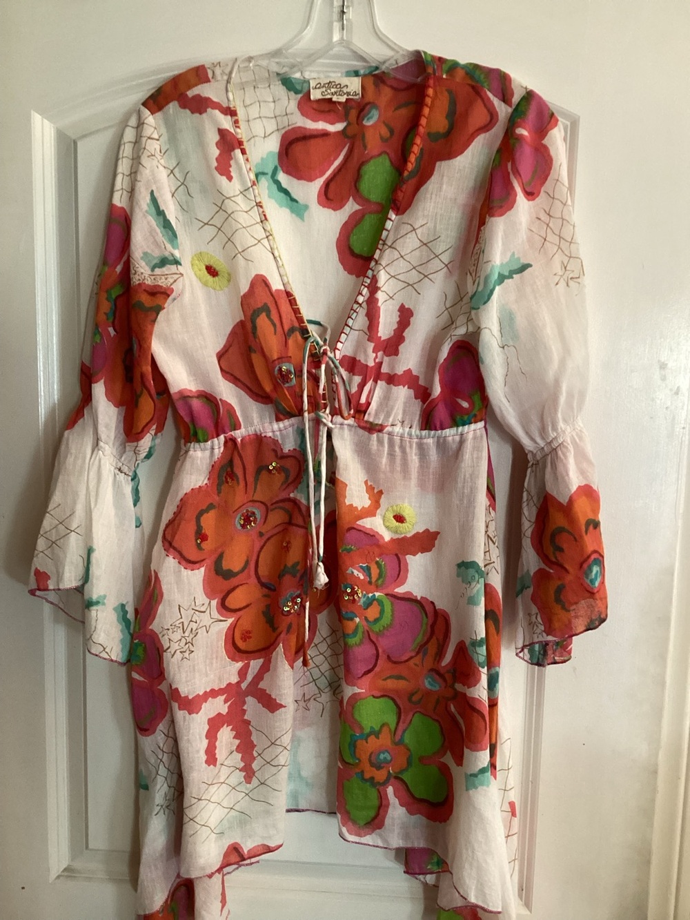 Antica Sartoria Positano Floral Sequin Cotton Handkerchief Hem Bell Sleeve Dress
